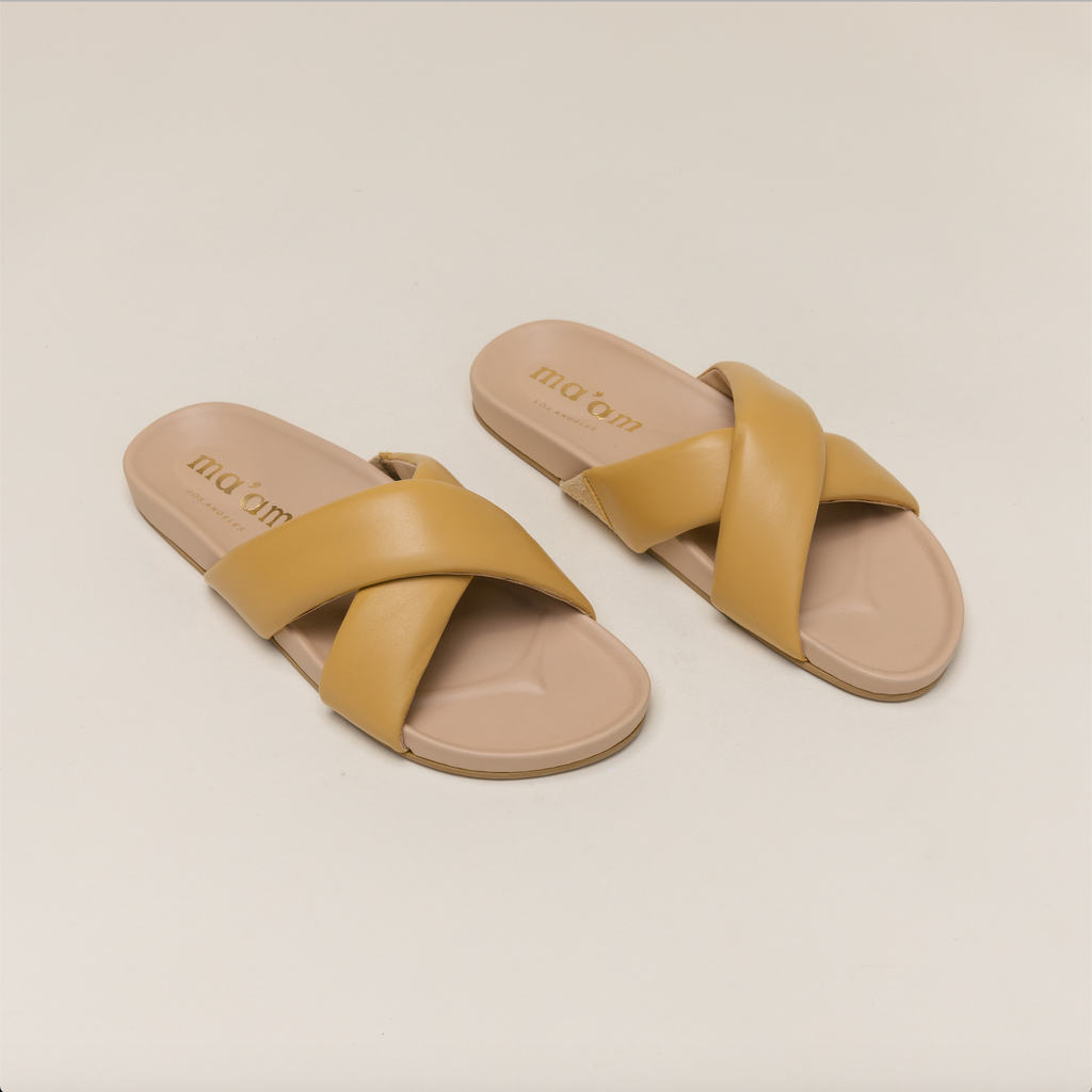 Italian Leather Slides | Mustard Flat Sandals | Ma'am Los Angeles
